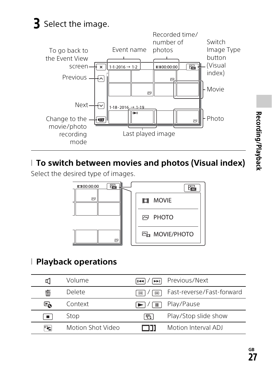 Playback operations, Select the image | Sony RM1BP Remote Commander User Manual | Page 27 / 60