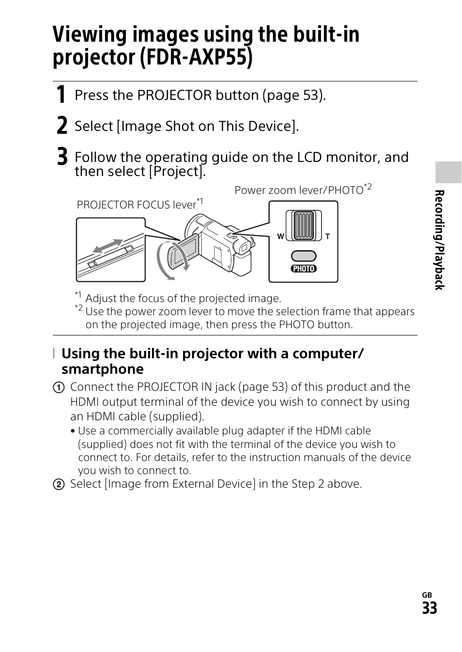 Viewing images using the built, In projector (fdr-axp55) | Sony RM1BP Remote Commander User Manual | Page 33 / 60