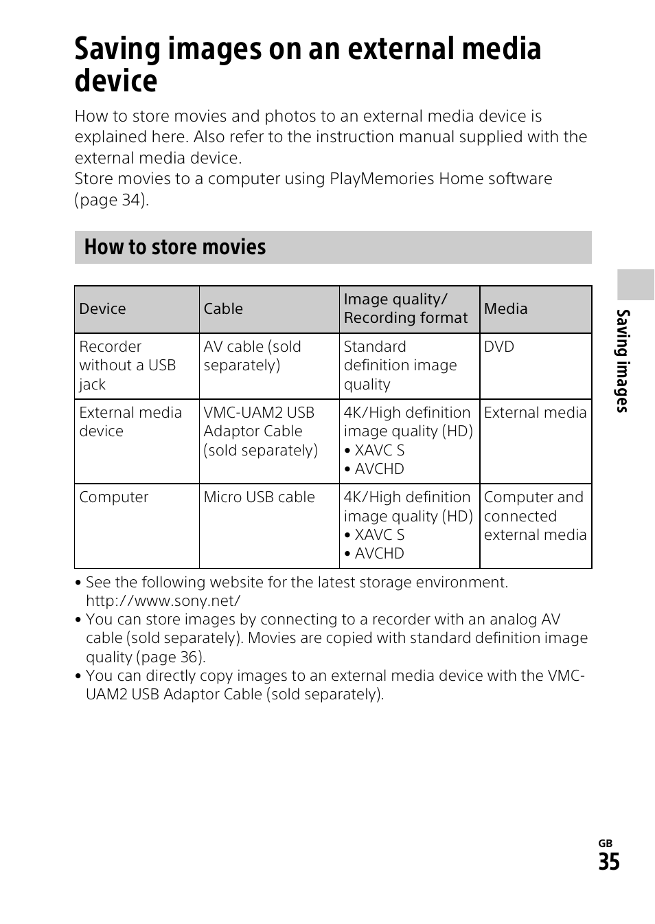 Saving images on an external media device, Saving images on an external, Media device | How to store movies | Sony RM1BP Remote Commander User Manual | Page 35 / 60