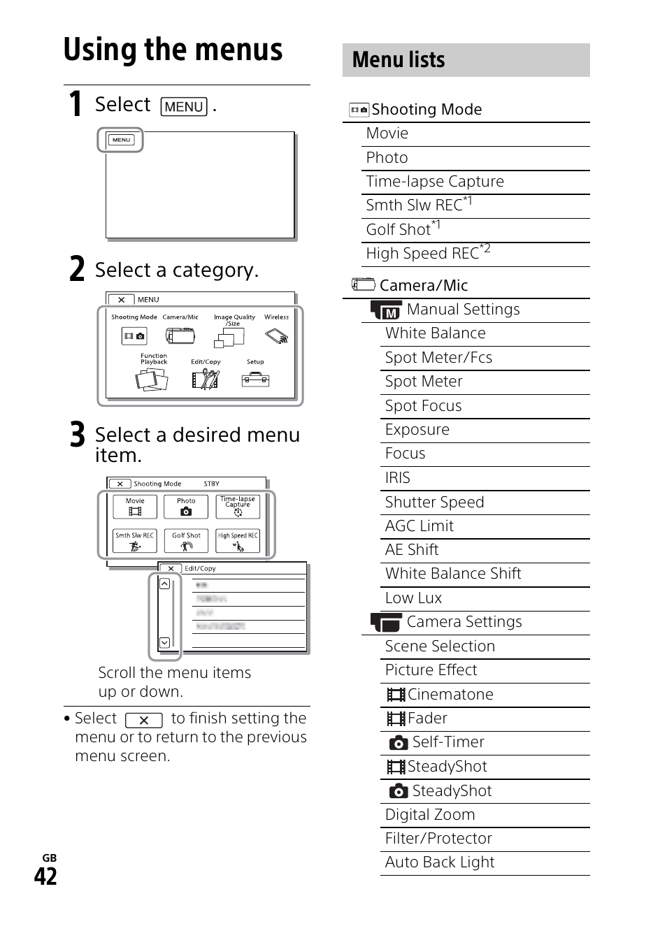 Customizing your camcorder, Using the menus, Menu lists | Select, Select a category, Select a desired menu item | Sony RM1BP Remote Commander User Manual | Page 42 / 60
