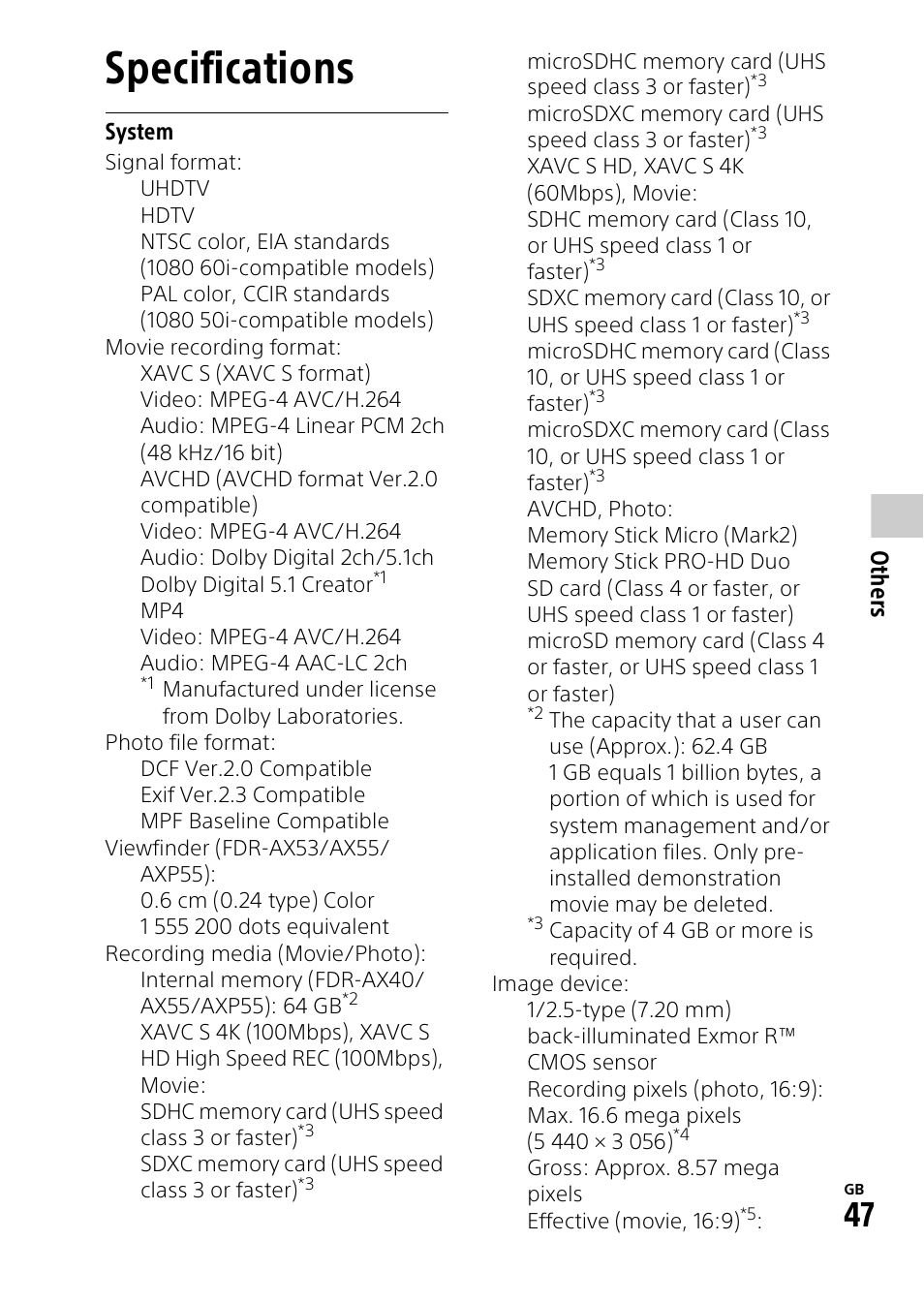 Specifications, Ot he rs | Sony RM1BP Remote Commander User Manual | Page 47 / 60