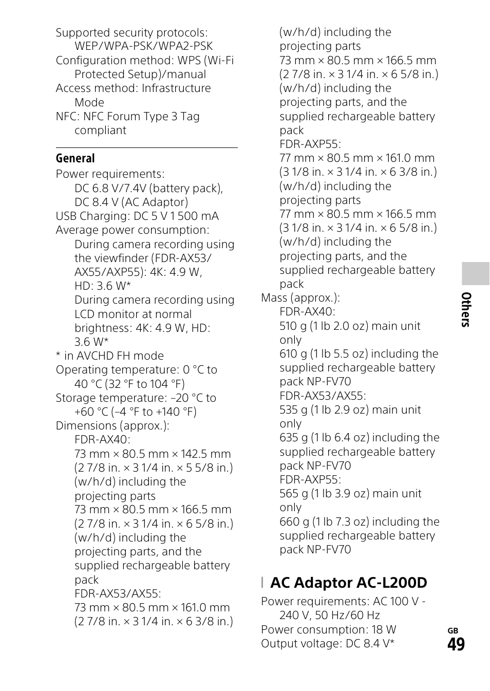Ac adaptor ac-l200d | Sony RM1BP Remote Commander User Manual | Page 49 / 60