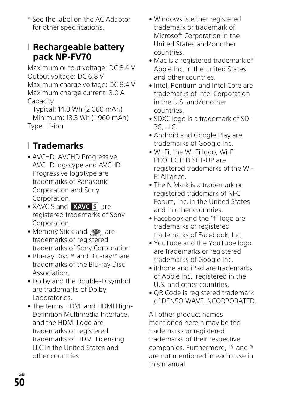 Rechargeable battery pack np-fv70, Trademarks | Sony RM1BP Remote Commander User Manual | Page 50 / 60