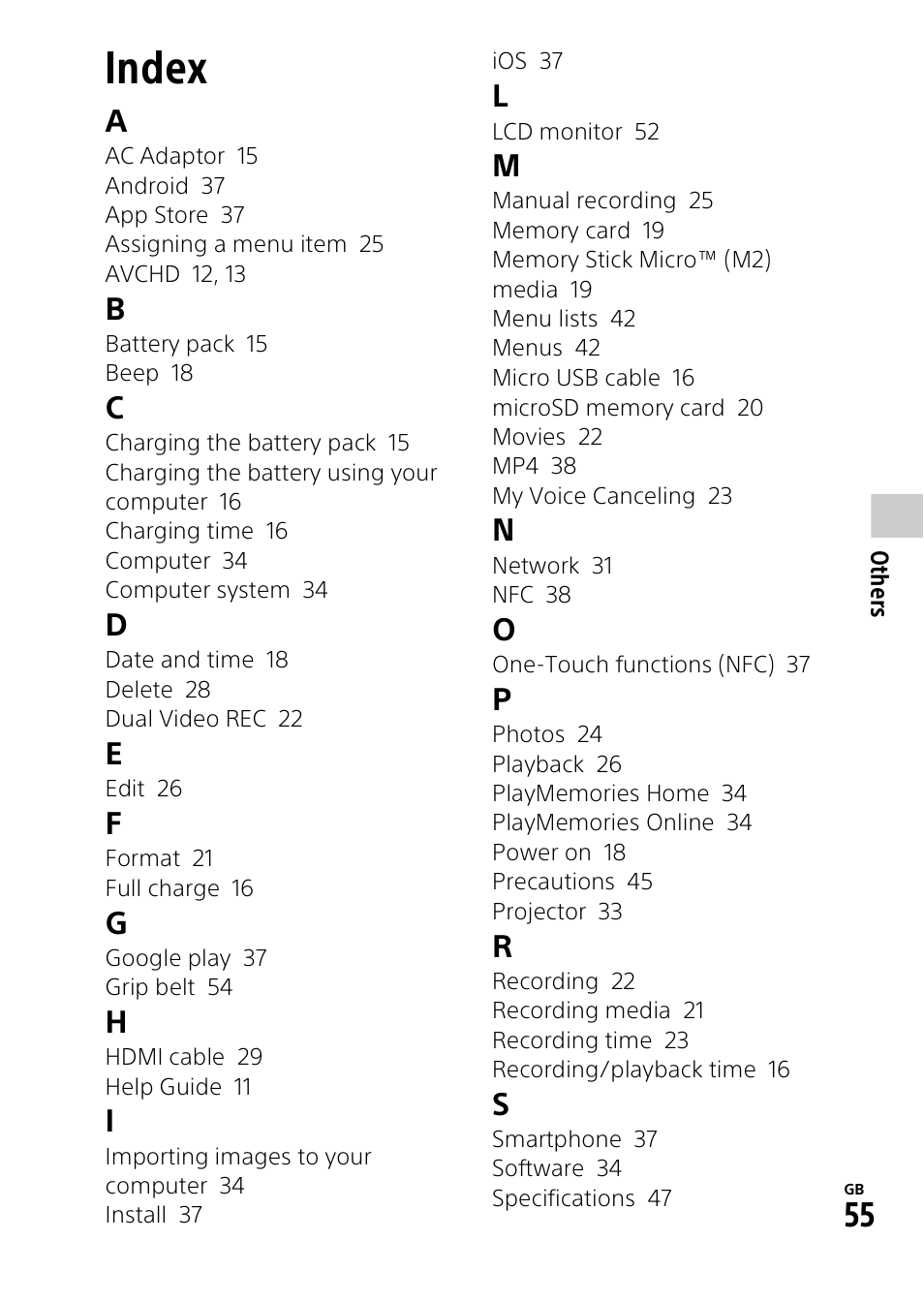 Index | Sony RM1BP Remote Commander User Manual | Page 55 / 60
