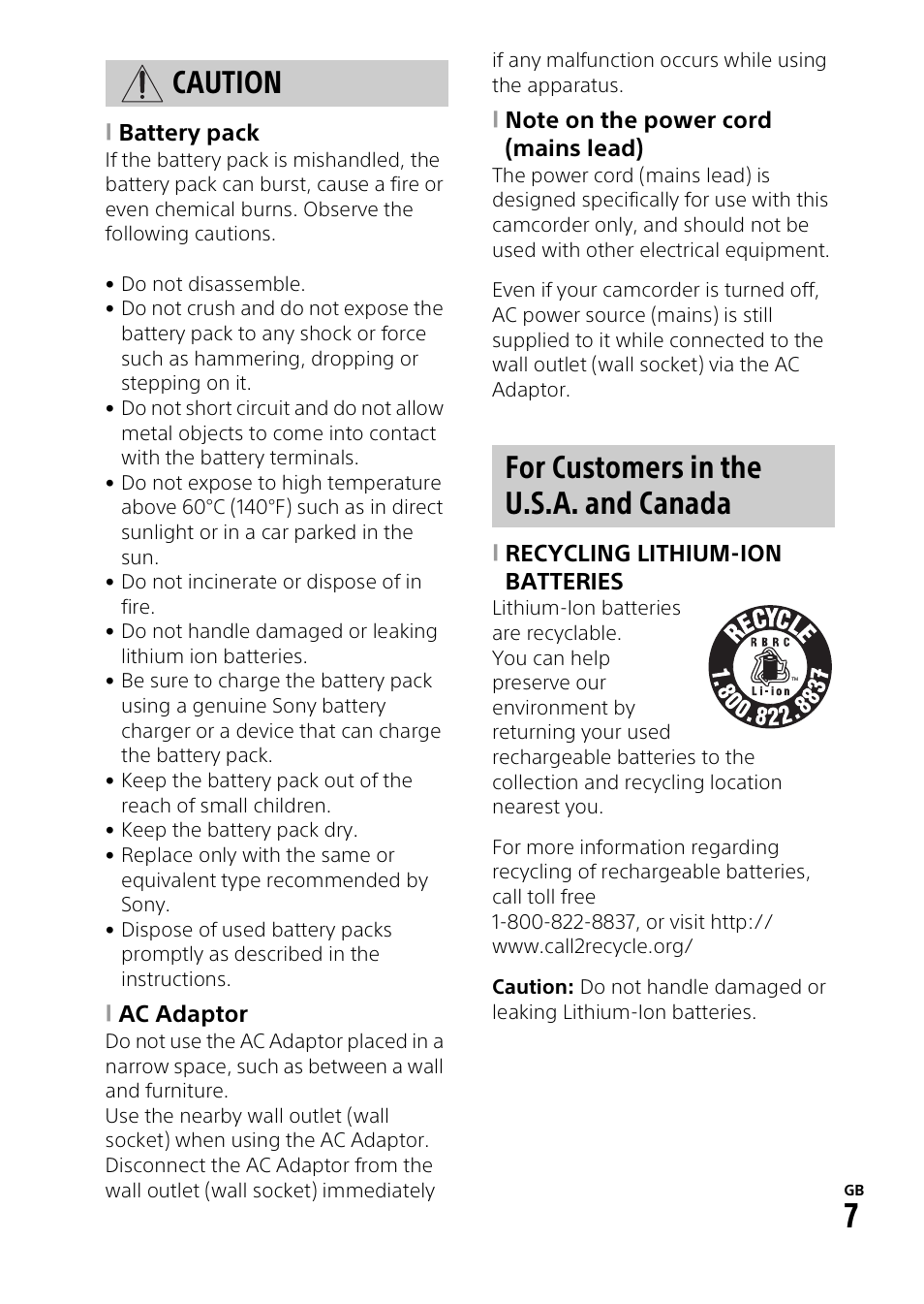 Caution for customers in the u.s.a. and canada | Sony RM1BP Remote Commander User Manual | Page 7 / 60