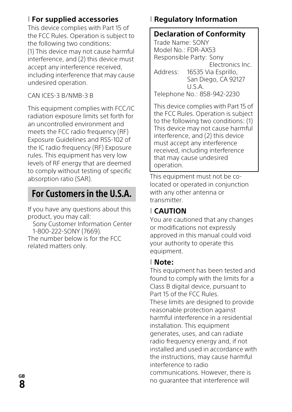 For customers in the u.s.a | Sony RM1BP Remote Commander User Manual | Page 8 / 60