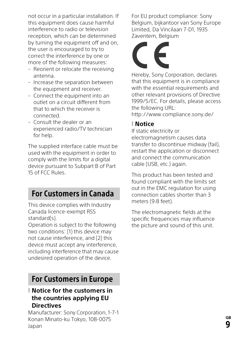 For customers in canada for customers in europe | Sony RM1BP Remote Commander User Manual | Page 9 / 60