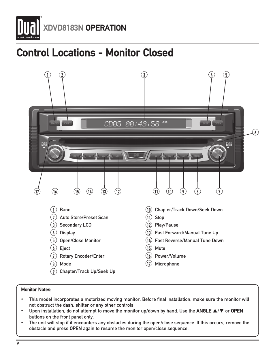 Control locations - monitor closed, Xdvd8183n operation | Dual XDVD8183N User Manual | Page 10 / 72