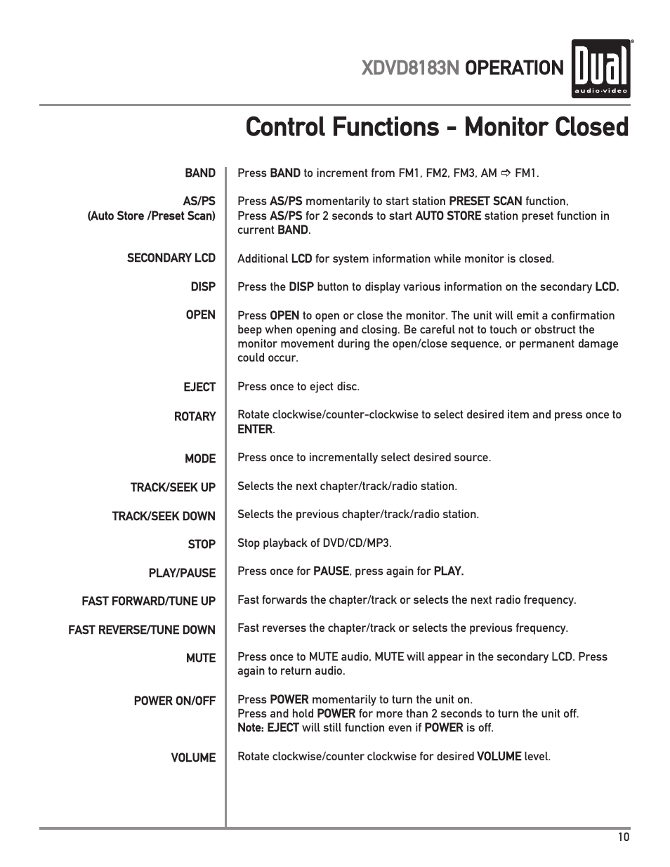 Control functions - monitor closed, Xdvd8183n operation | Dual XDVD8183N User Manual | Page 11 / 72