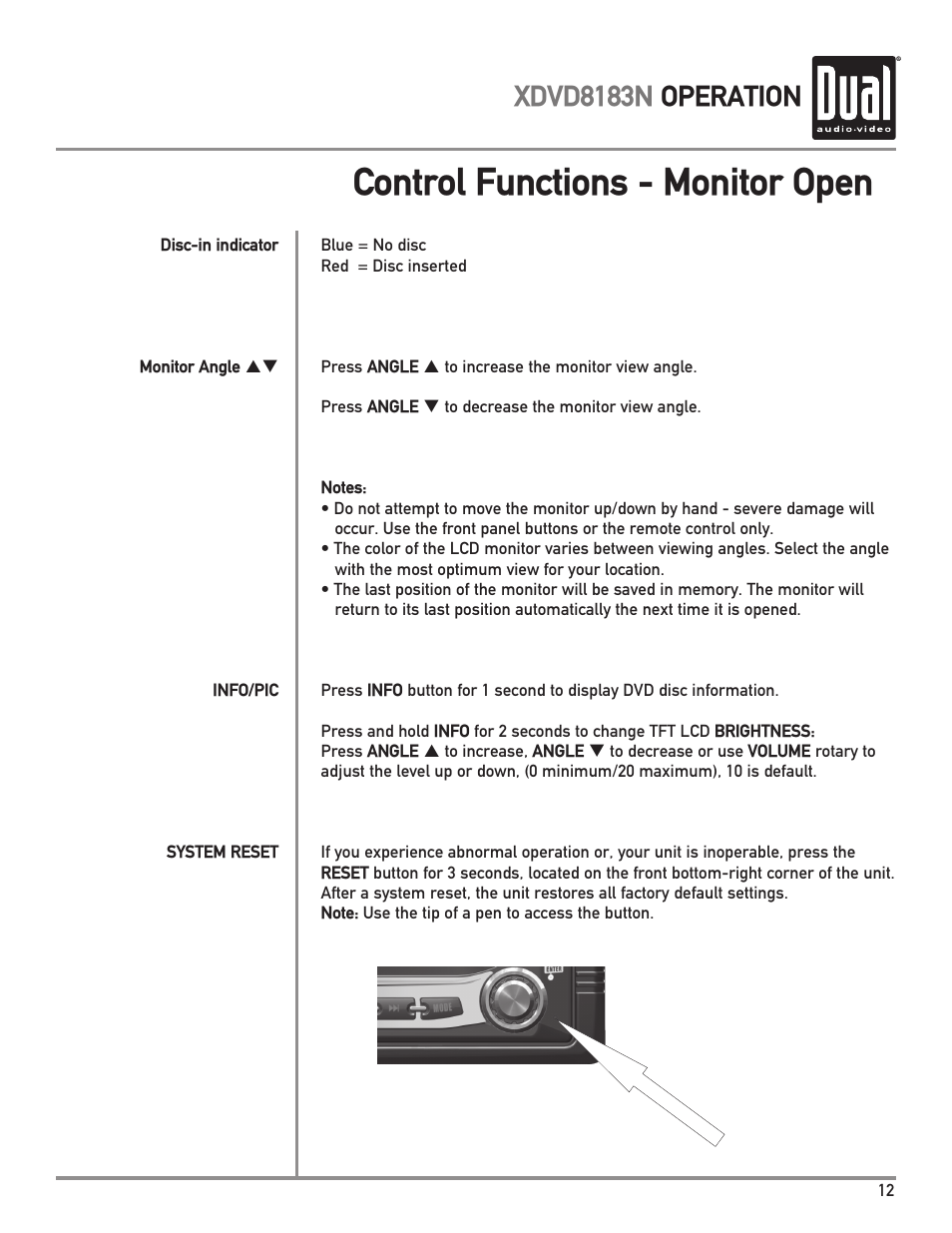 Control functions - monitor open, Xdvd8183n operation | Dual XDVD8183N User Manual | Page 13 / 72