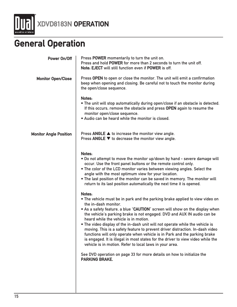 General operation, Xdvd8183n operation | Dual XDVD8183N User Manual | Page 16 / 72