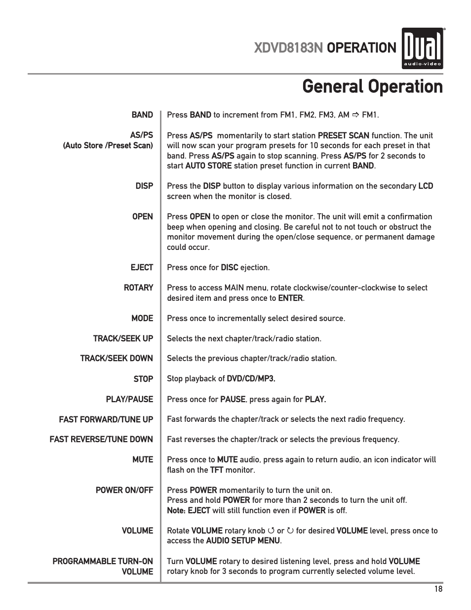 General operation, Xdvd8183n operation | Dual XDVD8183N User Manual | Page 19 / 72