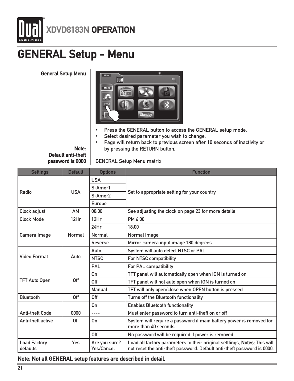 General setup - menu, Xdvd8183n operation | Dual XDVD8183N User Manual | Page 22 / 72