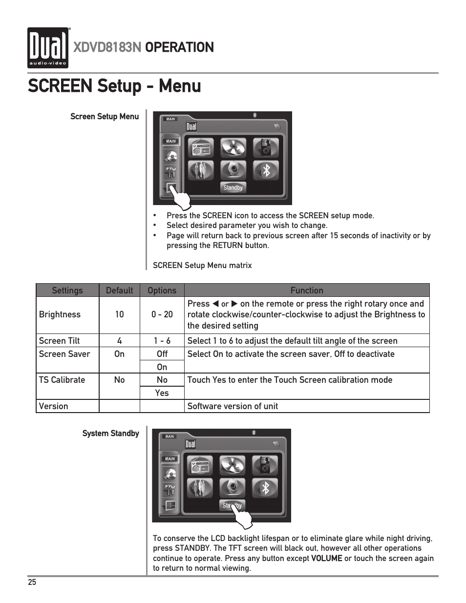 Screen setup - menu, Xdvd8183n operation | Dual XDVD8183N User Manual | Page 26 / 72