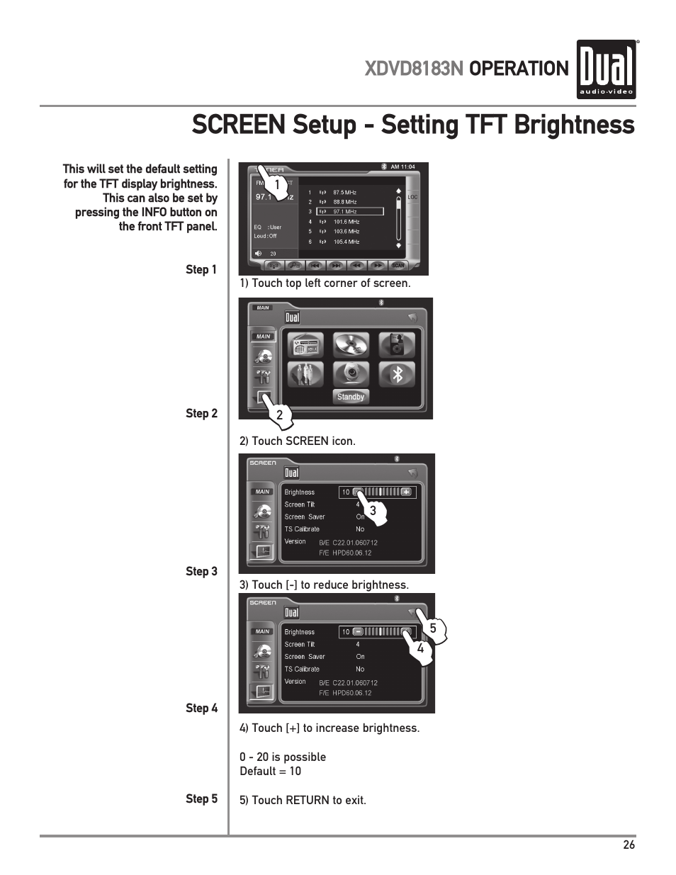 Screen setup - setting tft brightness | Dual XDVD8183N User Manual | Page 27 / 72