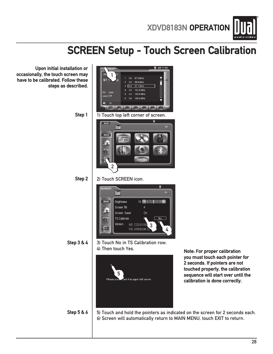 Screen setup - touch screen calibration | Dual XDVD8183N User Manual | Page 29 / 72