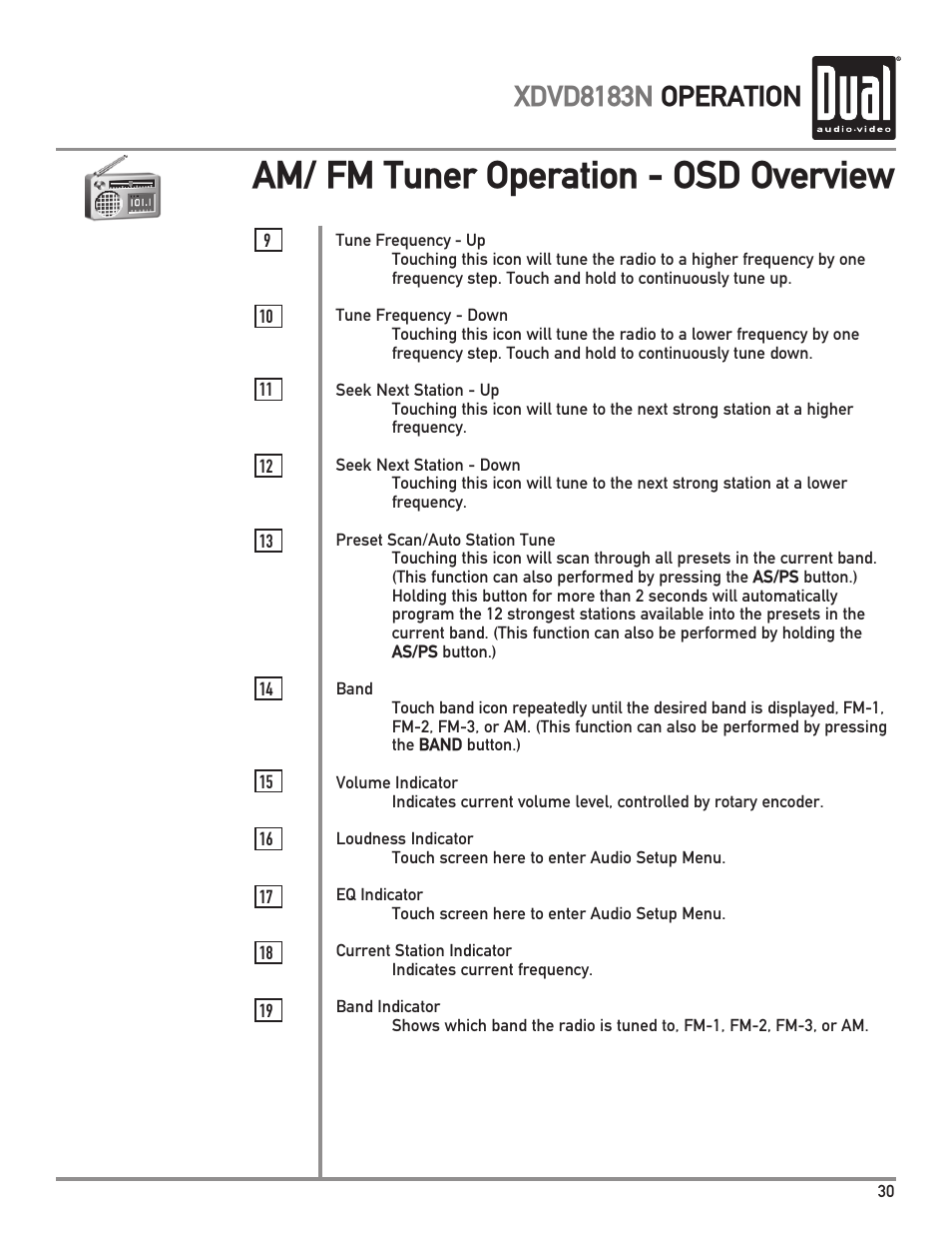 Am/ fm tuner operation - osd overview, Xdvd8183n operation | Dual XDVD8183N User Manual | Page 31 / 72