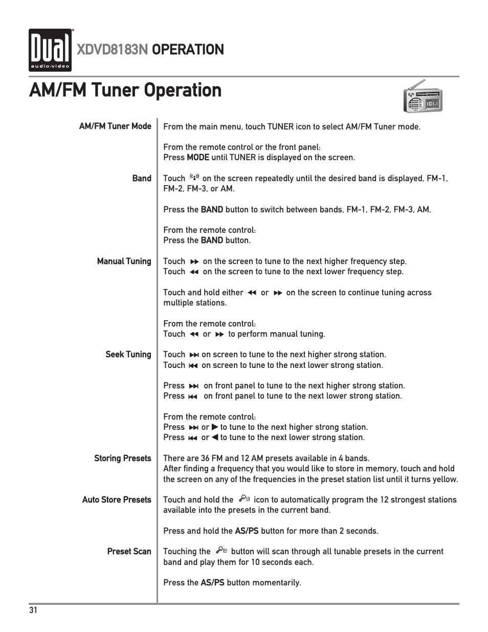 Am/fm tuner operation, Xdvd8183n operation | Dual XDVD8183N User Manual | Page 32 / 72