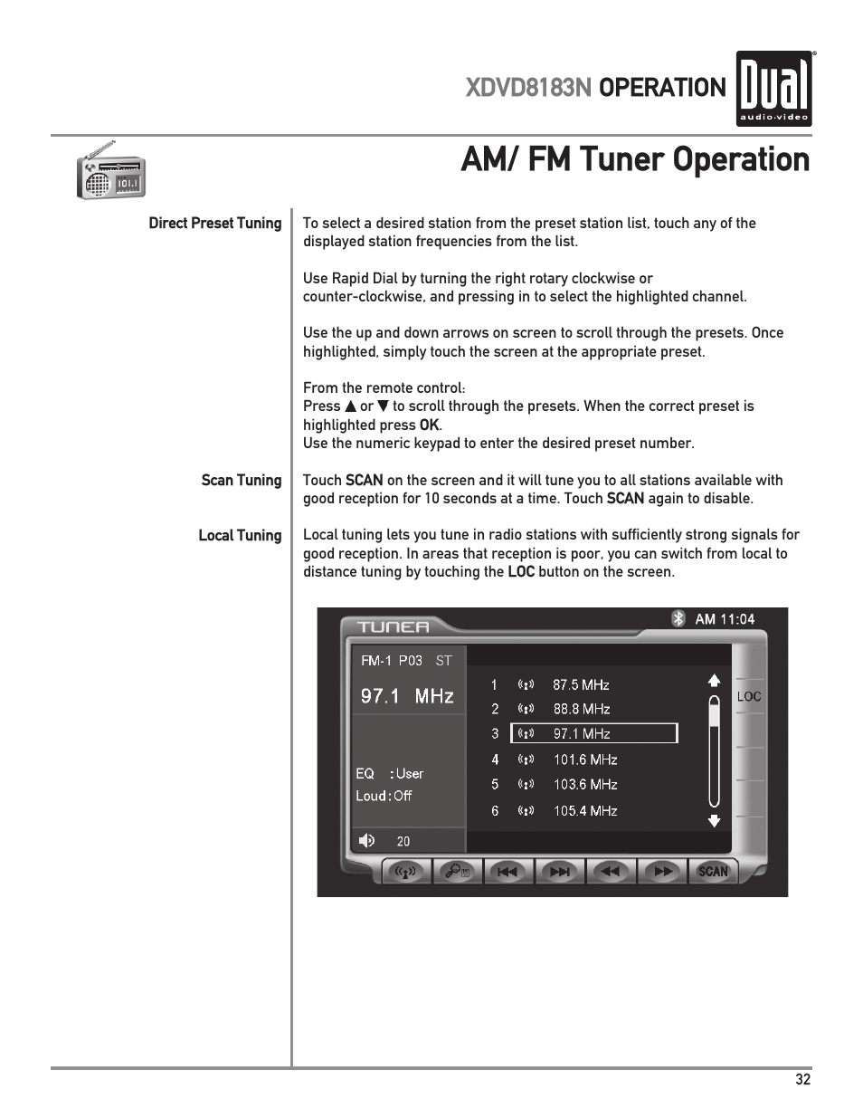 Am/ fm tuner operation, Xdvd8183n operation | Dual XDVD8183N User Manual | Page 33 / 72