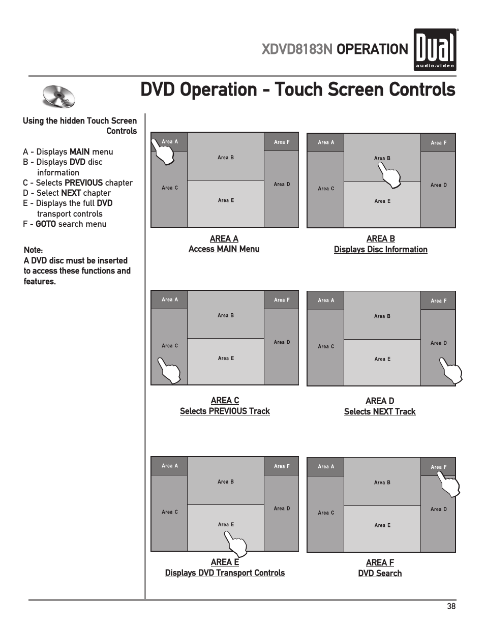 Dvd operation - touch screen controls | Dual XDVD8183N User Manual | Page 39 / 72