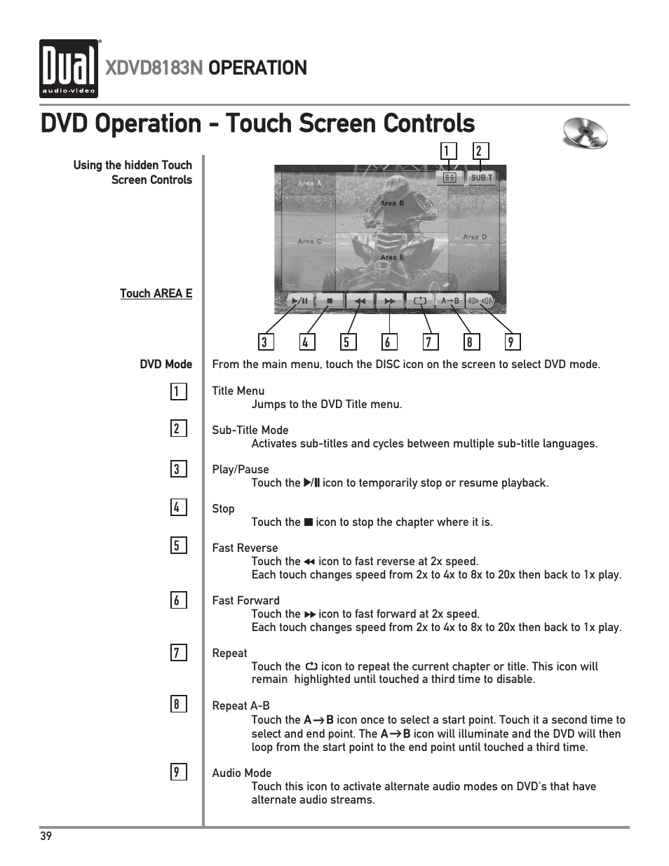 Dvd operation - touch screen controls, Xdvd8183n operation | Dual XDVD8183N User Manual | Page 40 / 72