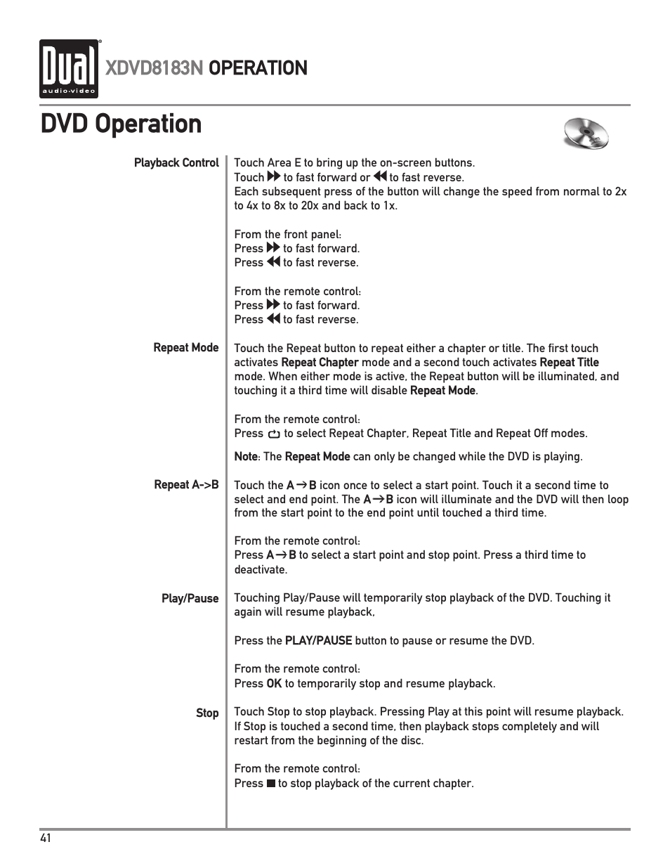 Dvd operation, Xdvd8183n operation | Dual XDVD8183N User Manual | Page 42 / 72