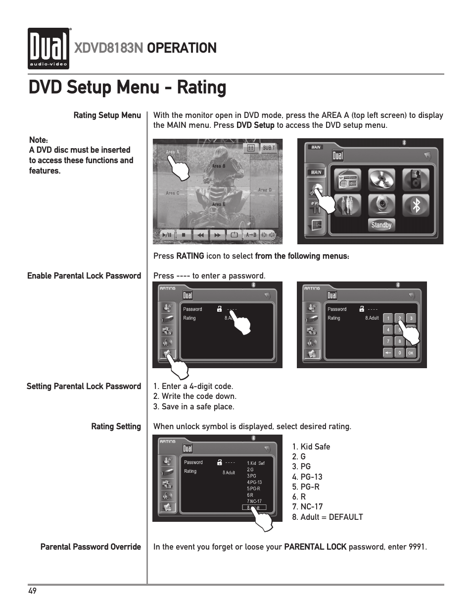 Dvd setup menu - rating, Xdvd8183n operation | Dual XDVD8183N User Manual | Page 50 / 72