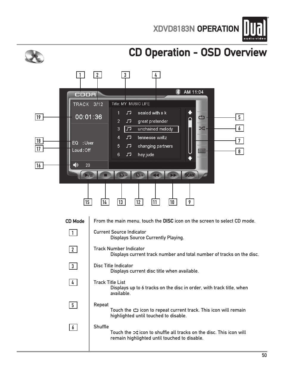 Cd operation - osd overview, Xdvd8183n operation | Dual XDVD8183N User Manual | Page 51 / 72