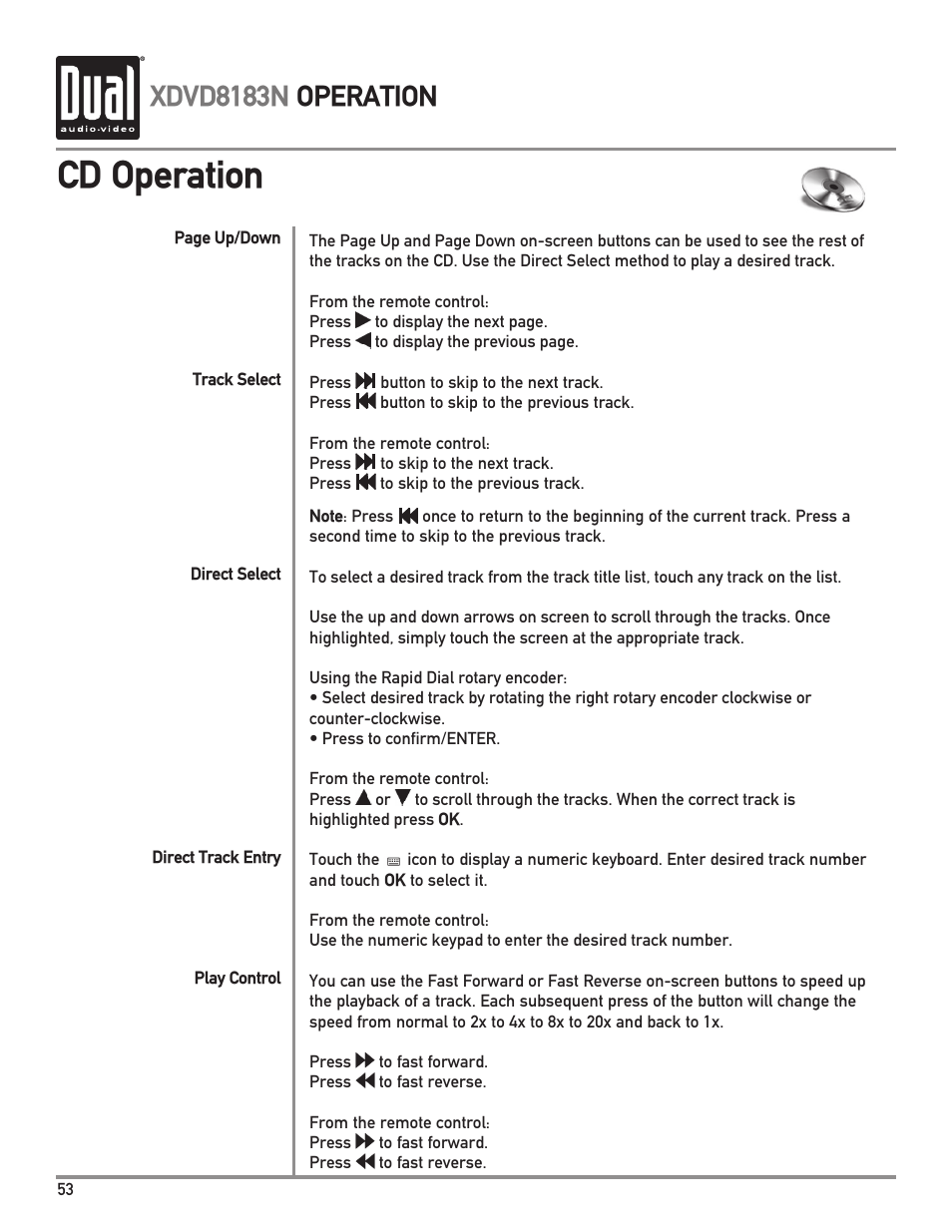 Cd operation, Xdvd8183n operation | Dual XDVD8183N User Manual | Page 54 / 72