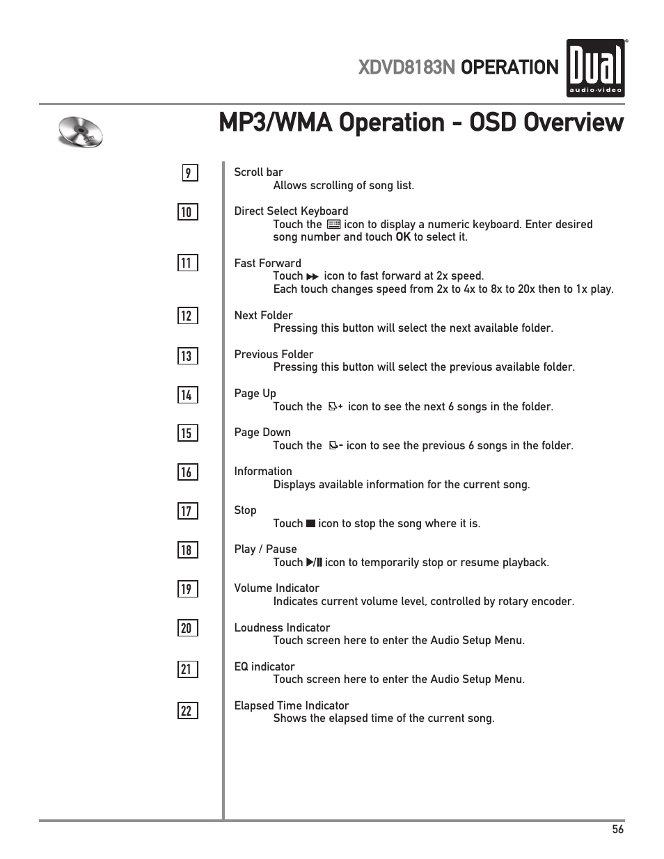 Mp3/wma operation - osd overview, Xdvd8183n operation | Dual XDVD8183N User Manual | Page 57 / 72