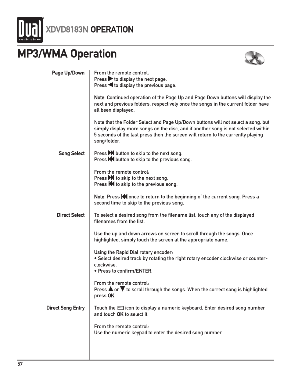 Mp3/wma operation, Xdvd8183n operation | Dual XDVD8183N User Manual | Page 58 / 72