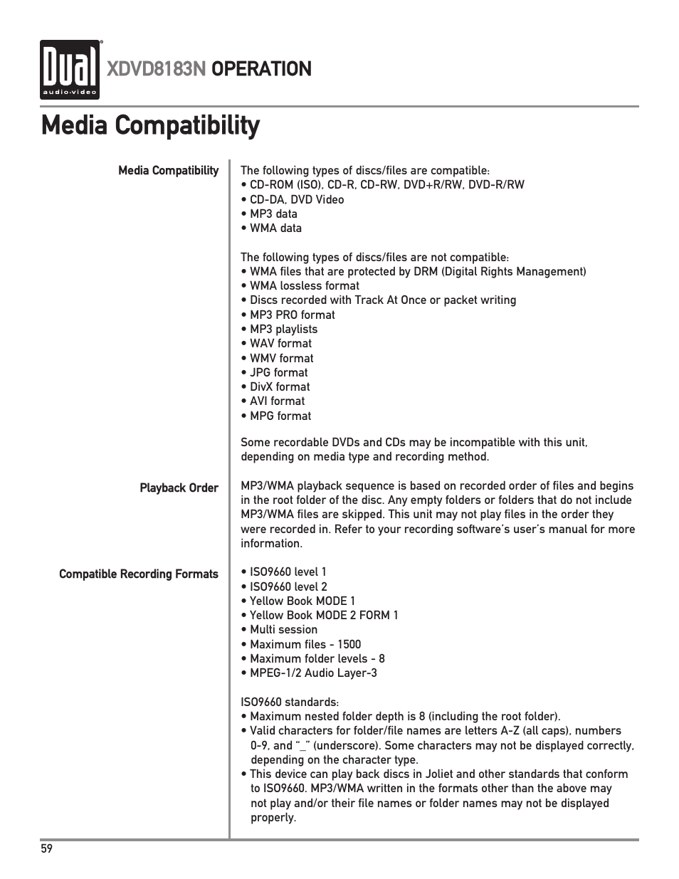 Media compatibility, Xdvd8183n operation | Dual XDVD8183N User Manual | Page 60 / 72