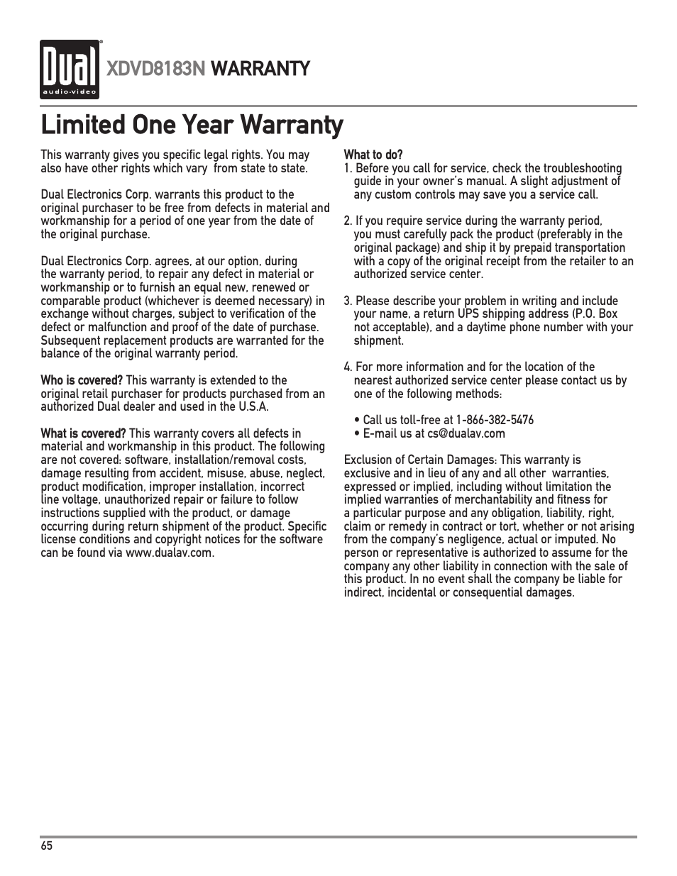 Limited one year warranty, Xdvd8183n warranty | Dual XDVD8183N User Manual | Page 66 / 72