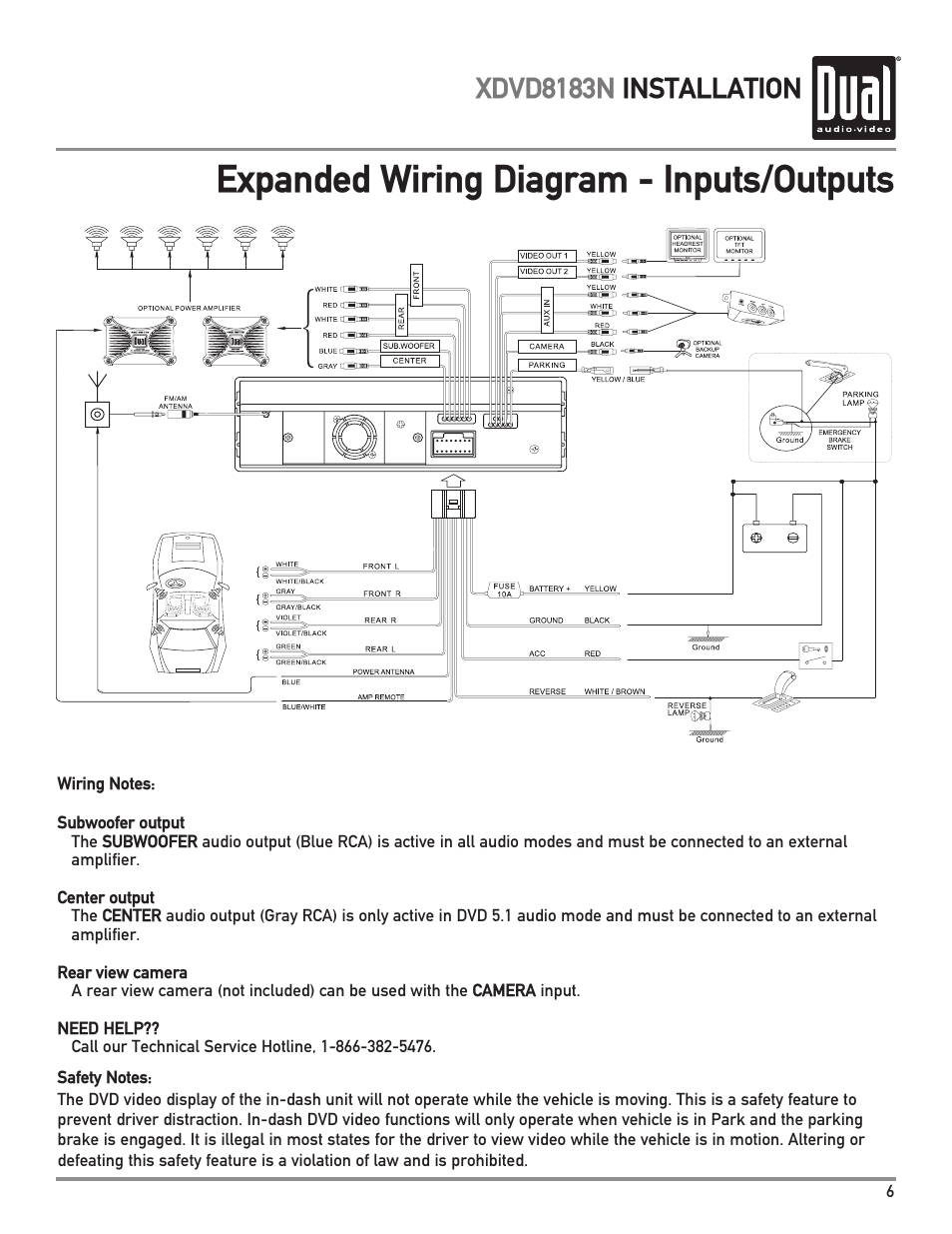 Expanded wiring diagram - inputs/outputs, Xdvd8183n installation | Dual XDVD8183N User Manual | Page 7 / 72