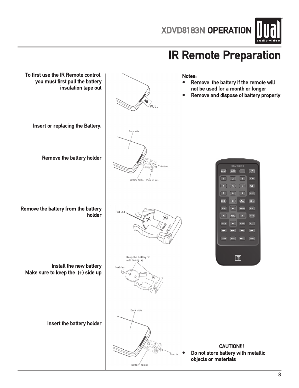 Ir remote preparation, Xdvd8183n operation | Dual XDVD8183N User Manual | Page 9 / 72