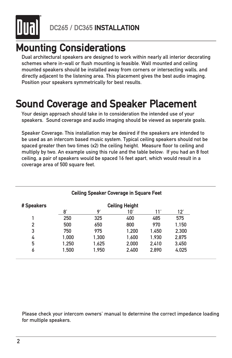 Sound coverage and speaker placement, Mounting considerations | Dual DC365 User Manual | Page 2 / 12