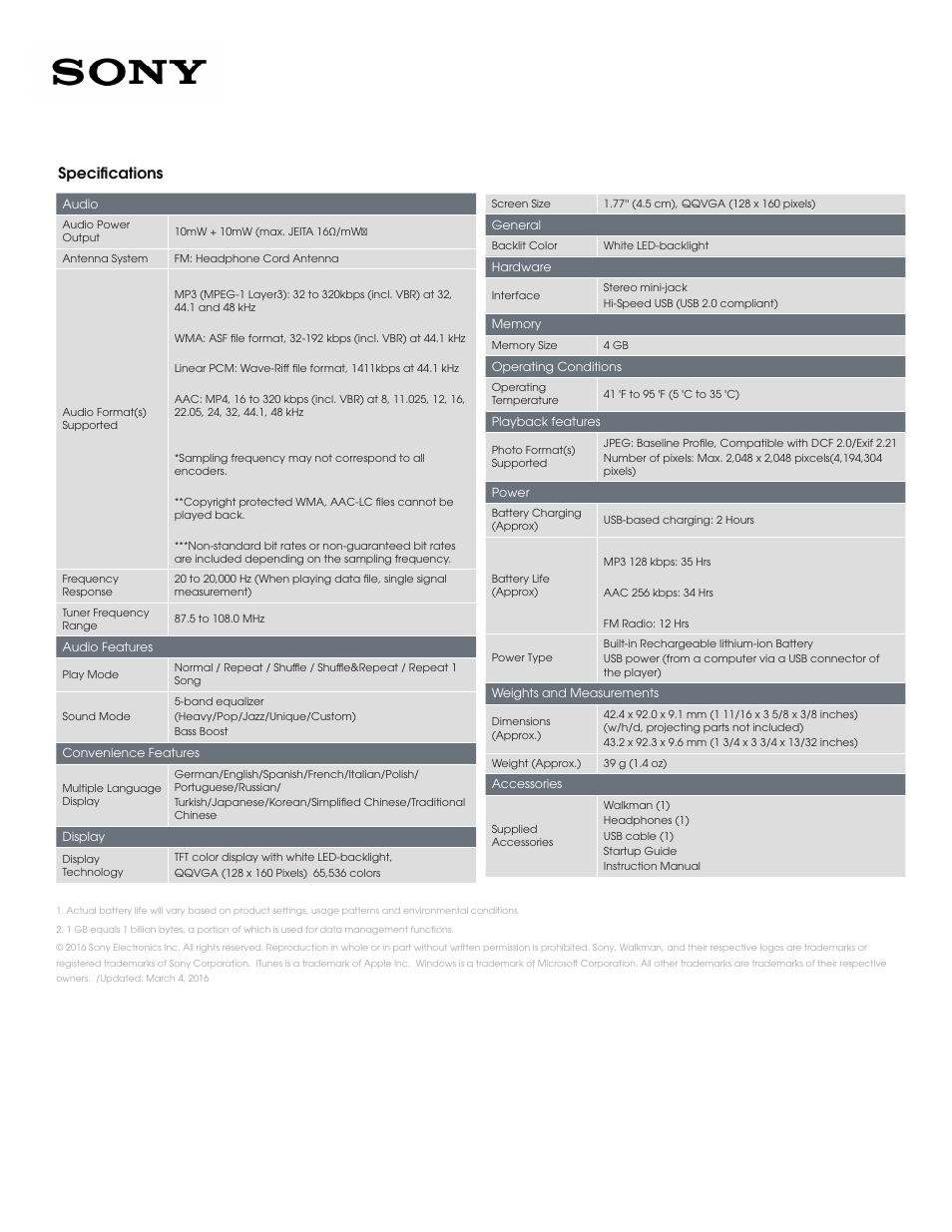 Specifications | Sony ECM-77B Miniature Omnidirectional Lavalier Mic User Manual | Page 2 / 2