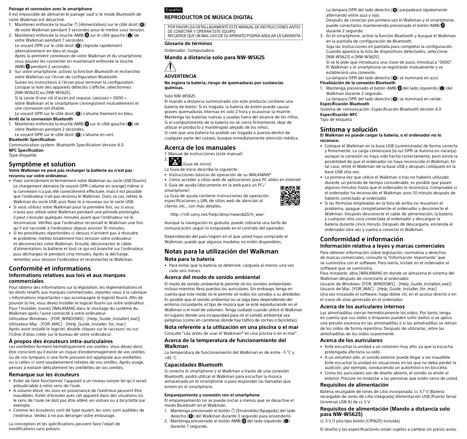 Symptôme et solution, Conformité et informations, Acerca de los manuales | Notas para la utilización del walkman, Síntoma y solución, Conformidad e información | Sony ECM-77 Miniature Omnidirectional Lavalier Microphone with 4-Pin Hirose Connector (Black) User Manual | Page 2 / 2