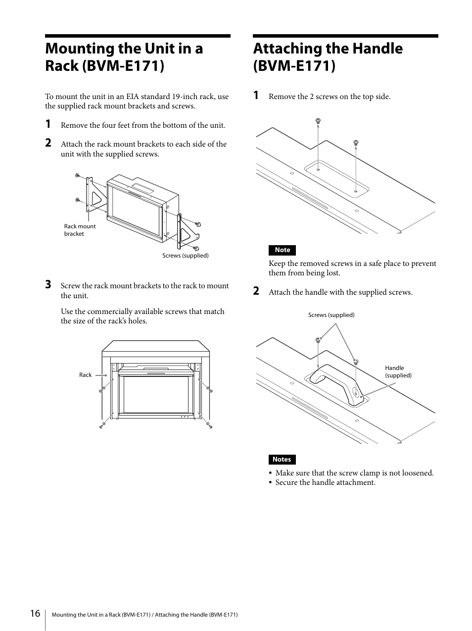 Mounting the unit in a rack (bvm-e171), Attaching the handle (bvm-e171) | Sony ECM-X7BMP Electret Condenser Lavalier Microphone for UWP Transmitters User Manual | Page 16 / 107