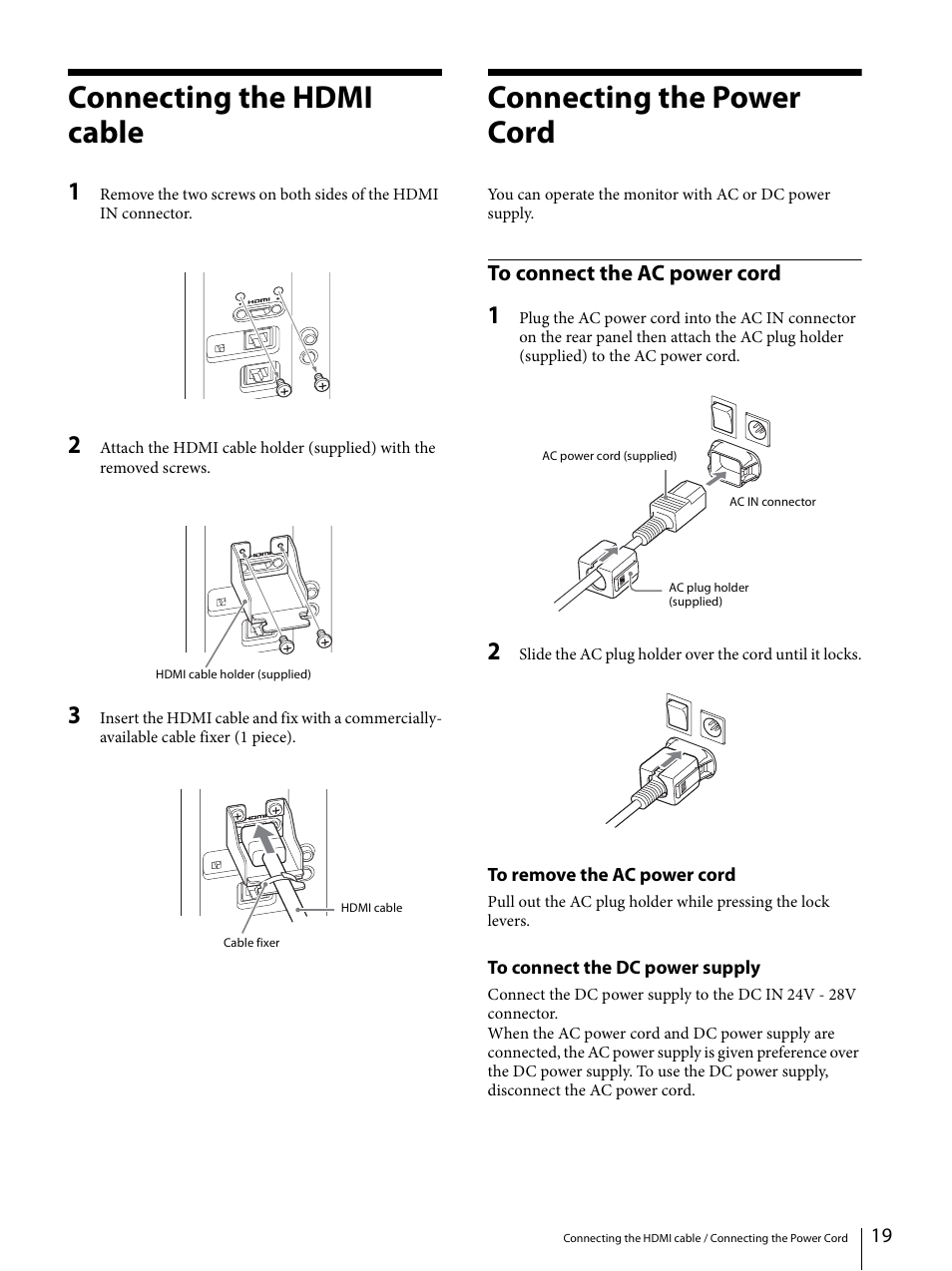 Connecting the hdmi cable, Connecting the power cord, To connect the ac power cord | Sony ECM-X7BMP Electret Condenser Lavalier Microphone for UWP Transmitters User Manual | Page 19 / 107