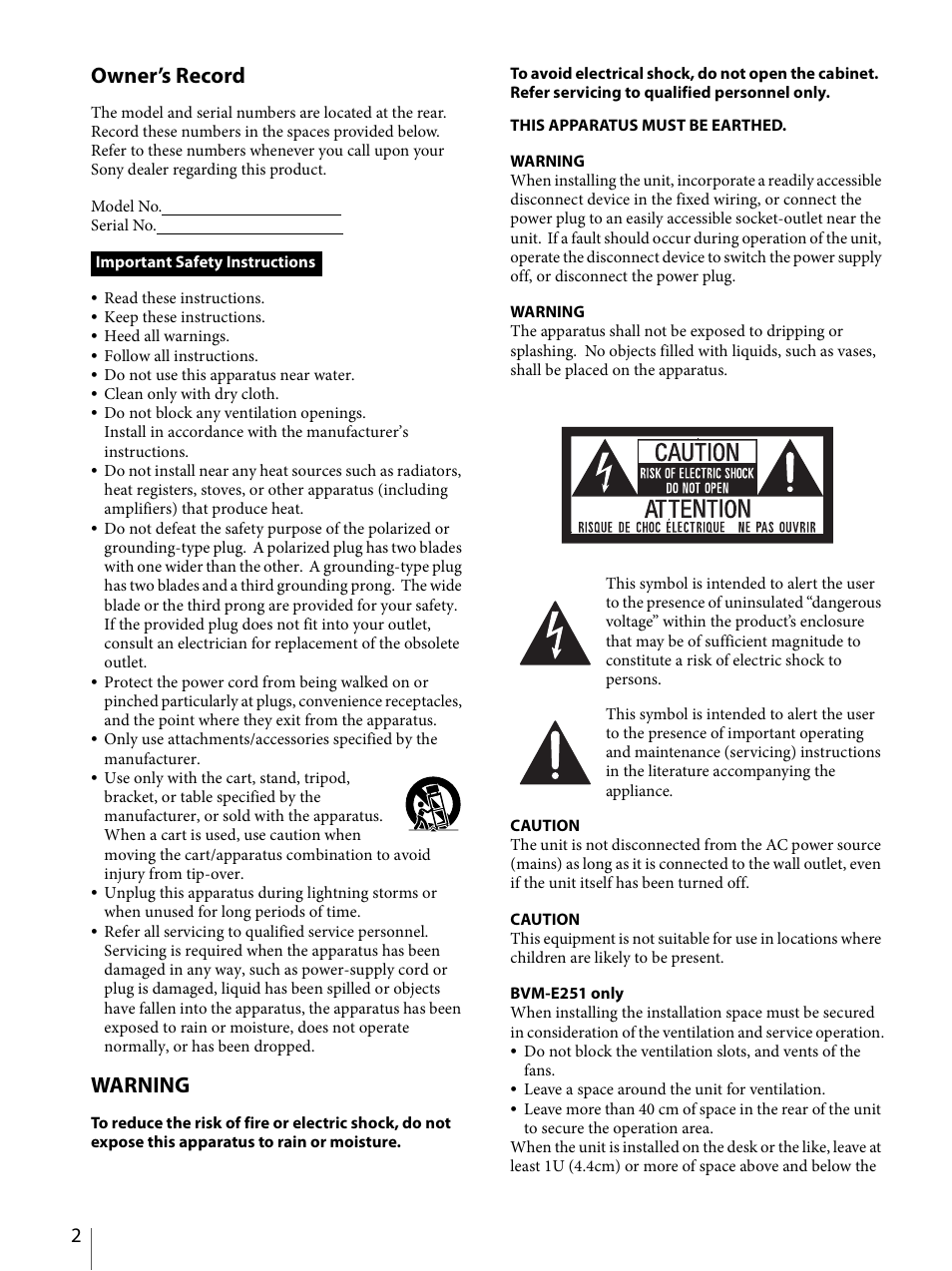 Owner’s record, Warning | Sony ECM-X7BMP Electret Condenser Lavalier Microphone for UWP Transmitters User Manual | Page 2 / 107