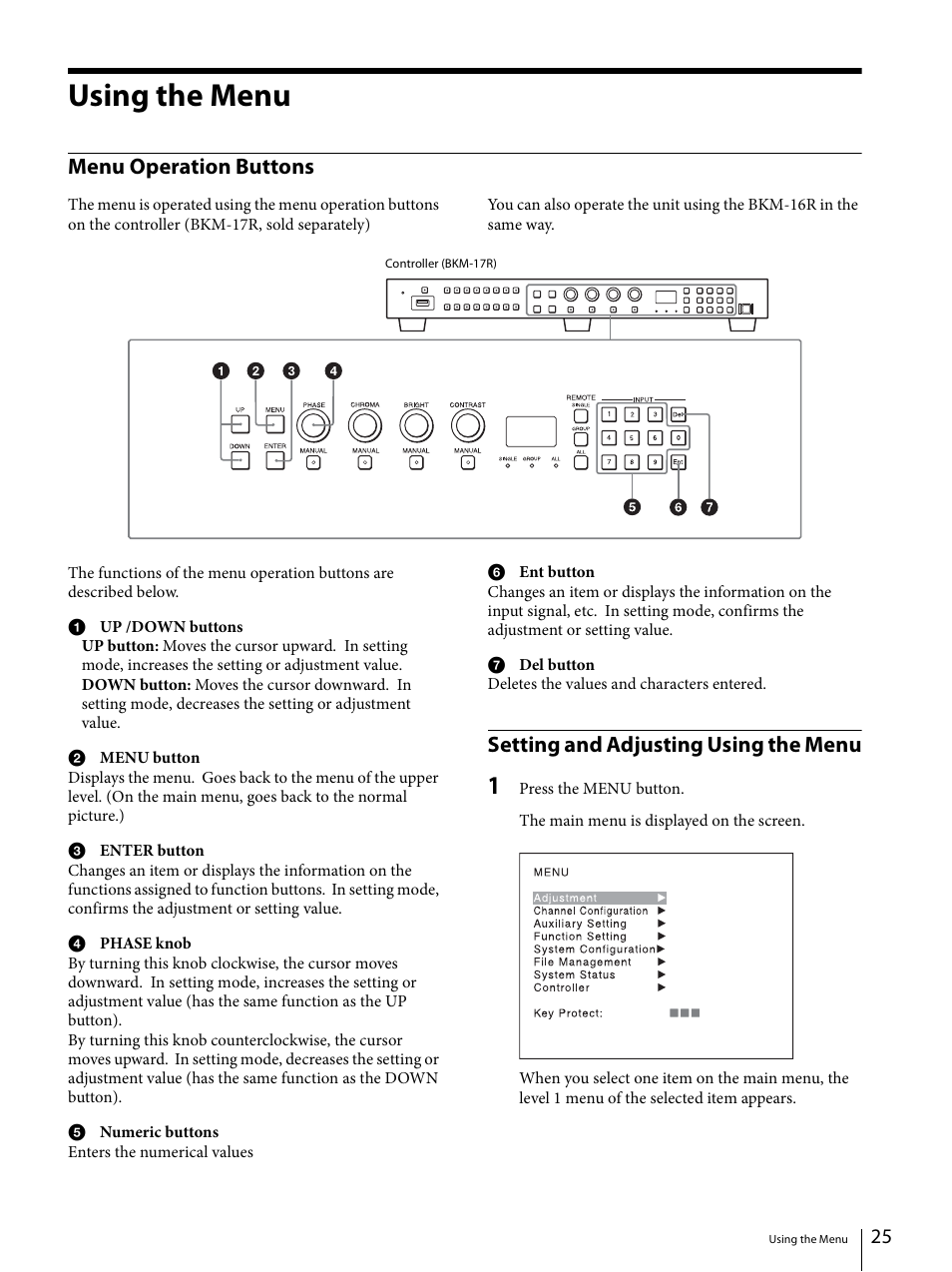 Using the menu, Menu operation buttons, Setting and adjusting using the menu | Sony ECM-X7BMP Electret Condenser Lavalier Microphone for UWP Transmitters User Manual | Page 25 / 107