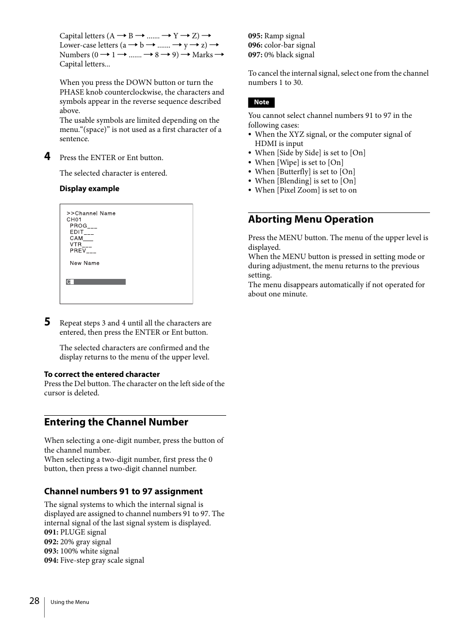 Entering the channel number, Aborting menu operation | Sony ECM-X7BMP Electret Condenser Lavalier Microphone for UWP Transmitters User Manual | Page 28 / 107
