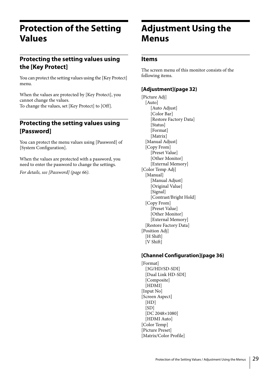 Protection of the setting values, Protecting the setting values using [password, Adjustment using the menus | Items, Protecting the setting values using the [key, Protect, Protecting the setting values using, Password | Sony ECM-X7BMP Electret Condenser Lavalier Microphone for UWP Transmitters User Manual | Page 29 / 107