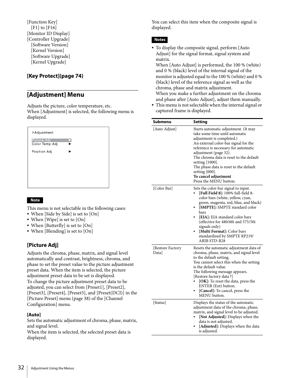 Adjustment] menu, Key protect] (page 74), Picture adj | Sony ECM-X7BMP Electret Condenser Lavalier Microphone for UWP Transmitters User Manual | Page 32 / 107