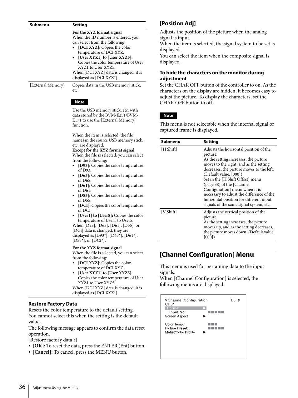 Channel configuration] menu, Position adj | Sony ECM-X7BMP Electret Condenser Lavalier Microphone for UWP Transmitters User Manual | Page 36 / 107
