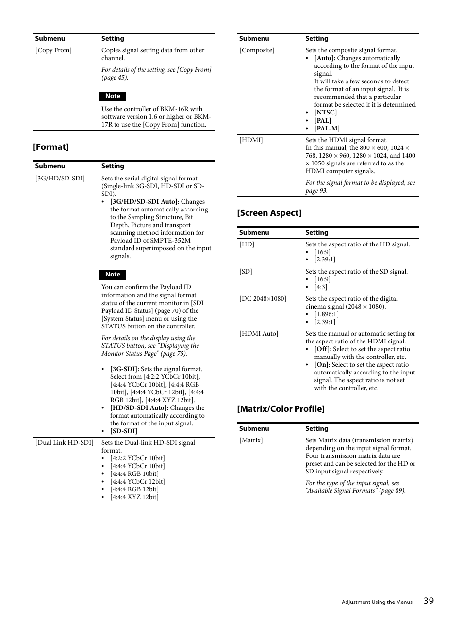 Format] [screen aspect] [matrix/color profile | Sony ECM-X7BMP Electret Condenser Lavalier Microphone for UWP Transmitters User Manual | Page 39 / 107