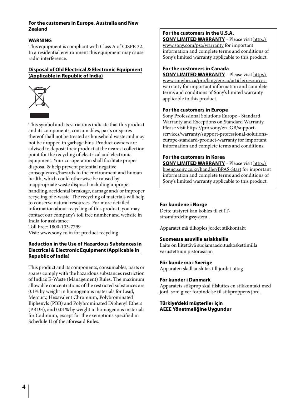 Sony ECM-X7BMP Electret Condenser Lavalier Microphone for UWP Transmitters User Manual | Page 4 / 107