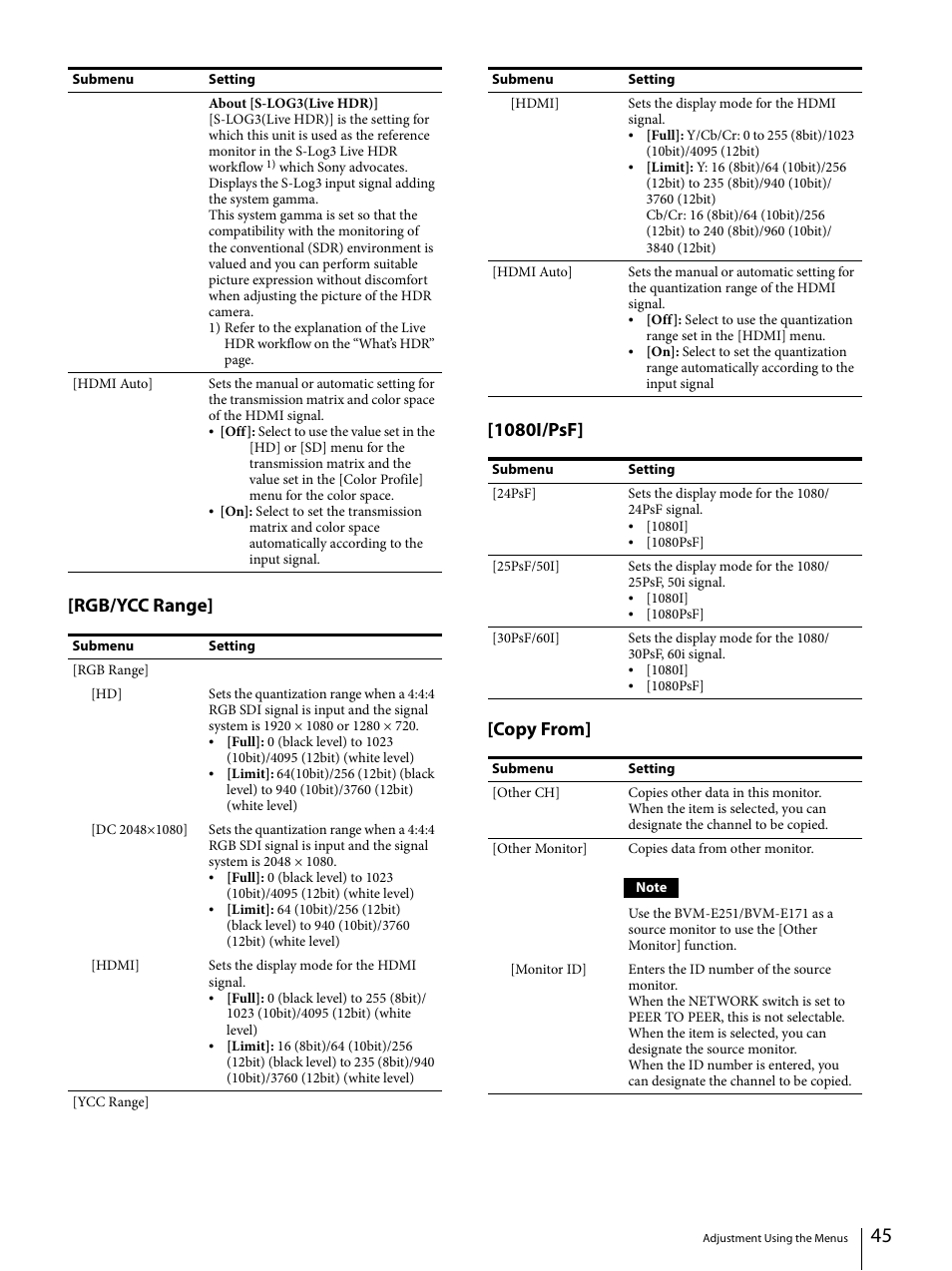 Rgb/ycc range] [1080i/psf] [copy from | Sony ECM-X7BMP Electret Condenser Lavalier Microphone for UWP Transmitters User Manual | Page 45 / 107