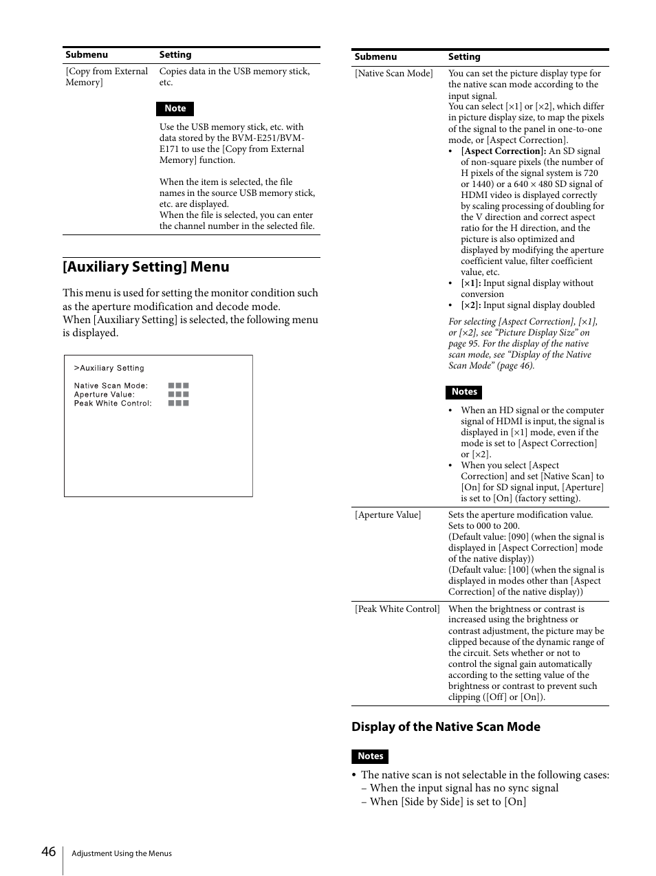 Auxiliary setting] menu, Display of the native scan mode | Sony ECM-X7BMP Electret Condenser Lavalier Microphone for UWP Transmitters User Manual | Page 46 / 107